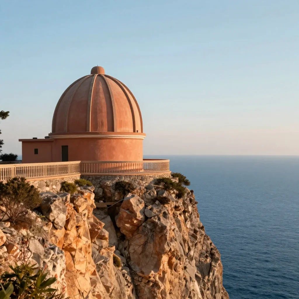 a cliffside observatory in a gentle sea breeze, refined editorial travel photography, crisp material detail, terracotta 