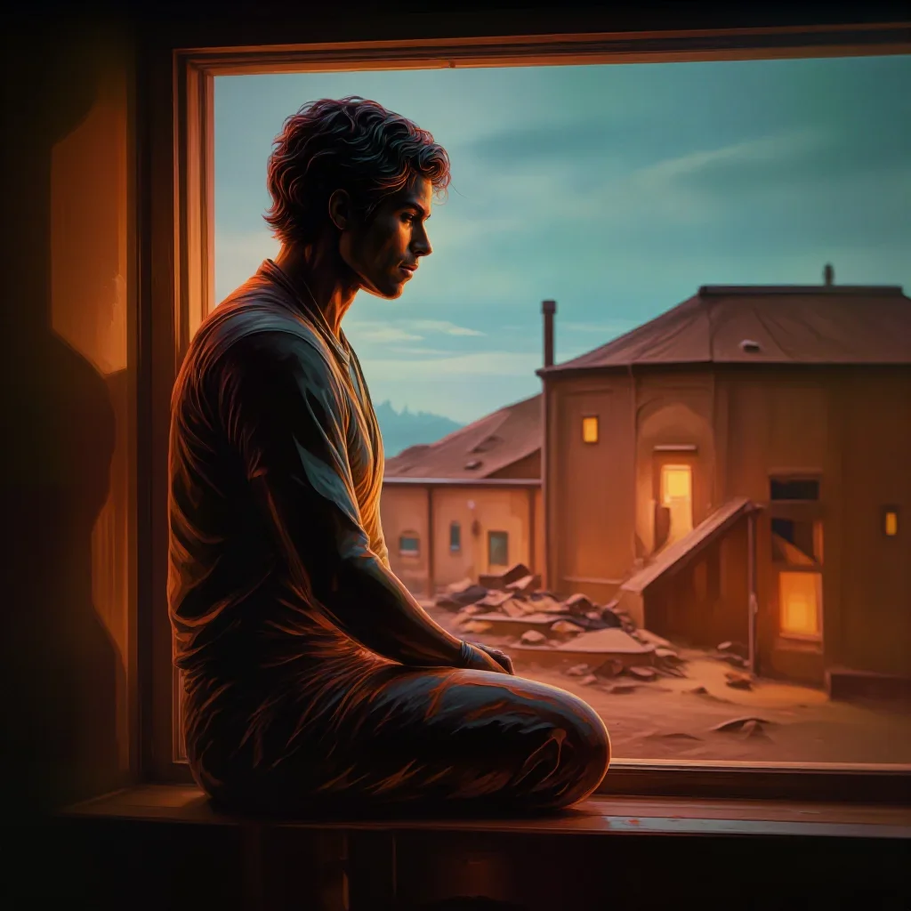 a chiseled athlete in dramatic rim light, oiled skin in a seated silhouette against a window, on a neon-lit rooftop at midnight, cinematic film still, restrained color harmony, terracotta and pale sky blue palette, no...