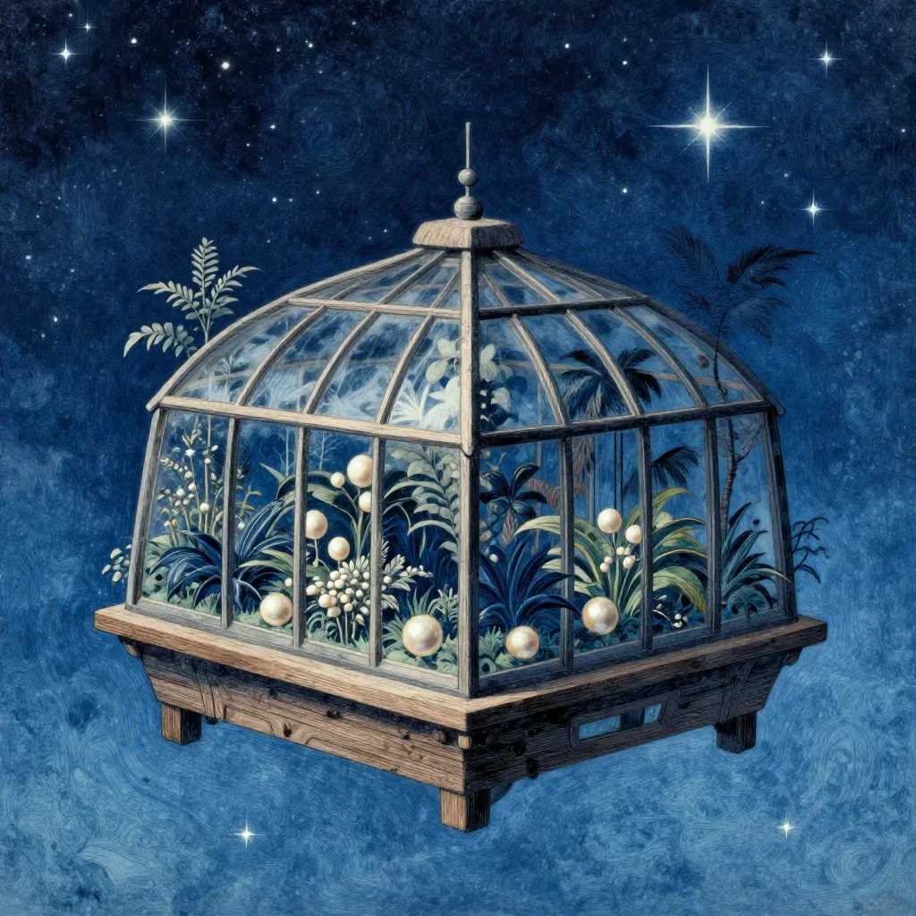 a floating botanical conservatory beneath a star-filled sky, Japanese woodblock-inspired editorial art, weathered tactil