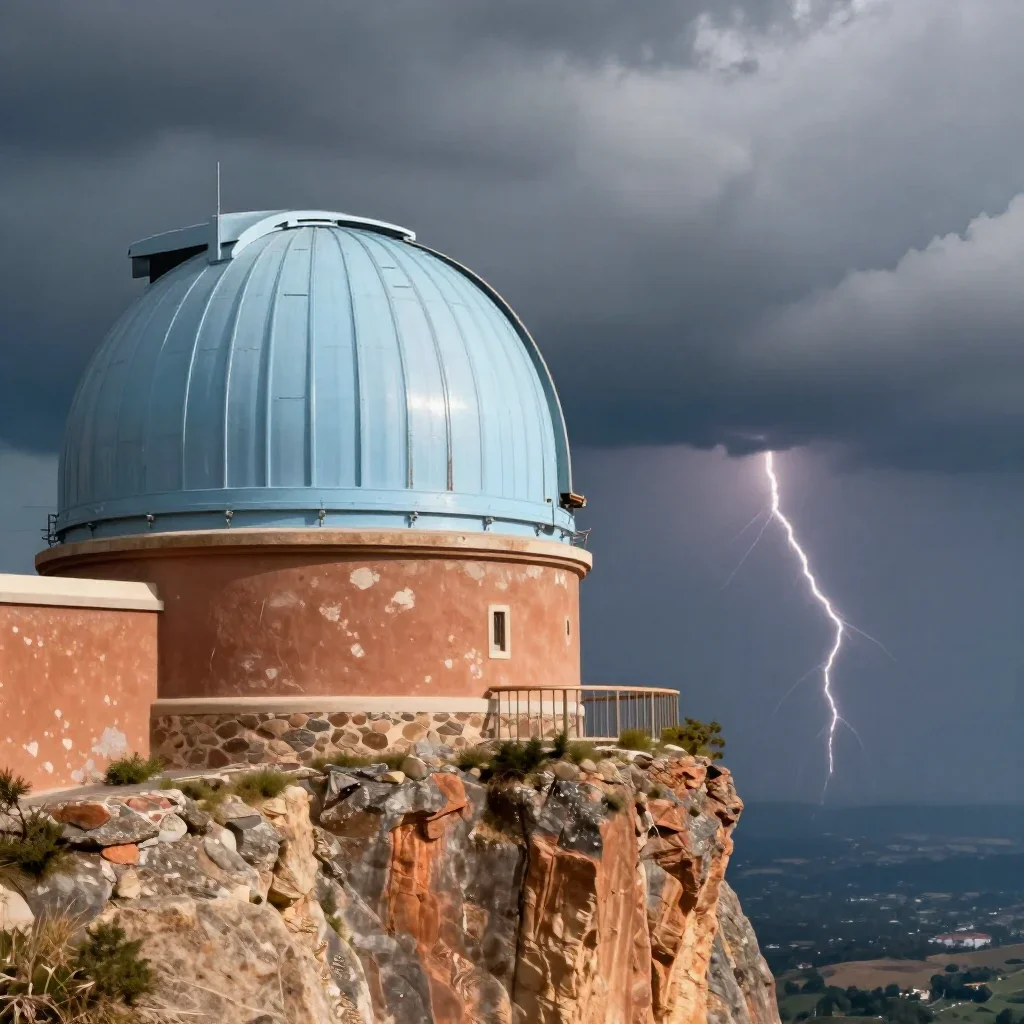 a cliffside observatory after a distant thunderstorm, cinematic architectural photography, weathered tactile surfaces, t