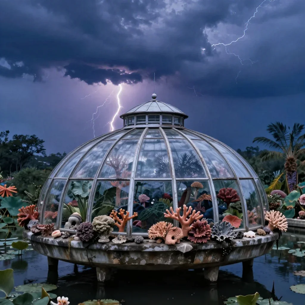 a floating botanical conservatory after a distant thunderstorm, dreamlike fine-art landscape photography, weathered tact