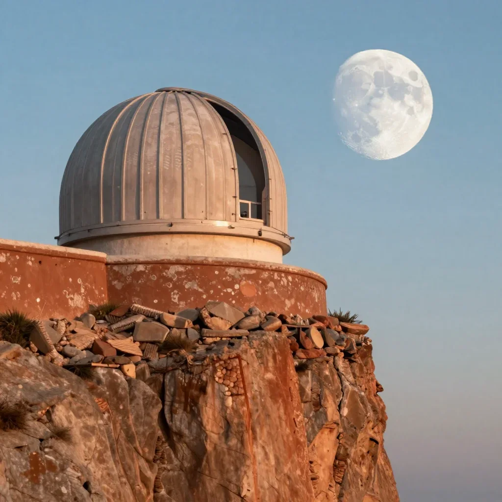 a cliffside observatory at moonrise, refined editorial travel photography, weathered tactile surfaces, terracotta and pa