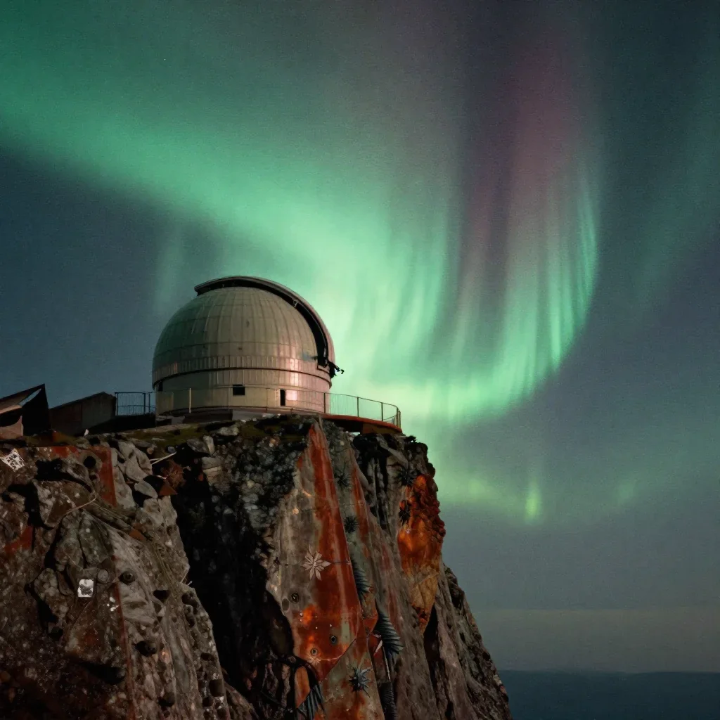 a cliffside observatory beneath an aurora, quiet science-fiction concept art, subtle film grain, rust and sage palette,
