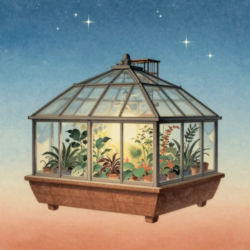 a floating botanical conservatory beneath a star-filled sky, Japanese woodblock-inspired editorial art, gentle reflected