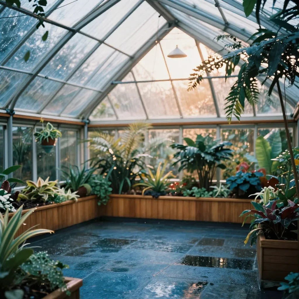 a floating botanical conservatory after warm summer rain, soft-grain analog film photography, calm negative space, ice b
