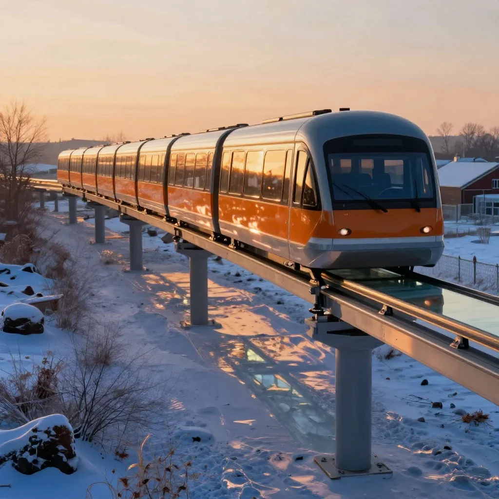 a glass monorail in crisp winter sunlight, museum-quality still-life photography, gentle reflected light, ochre and ultr