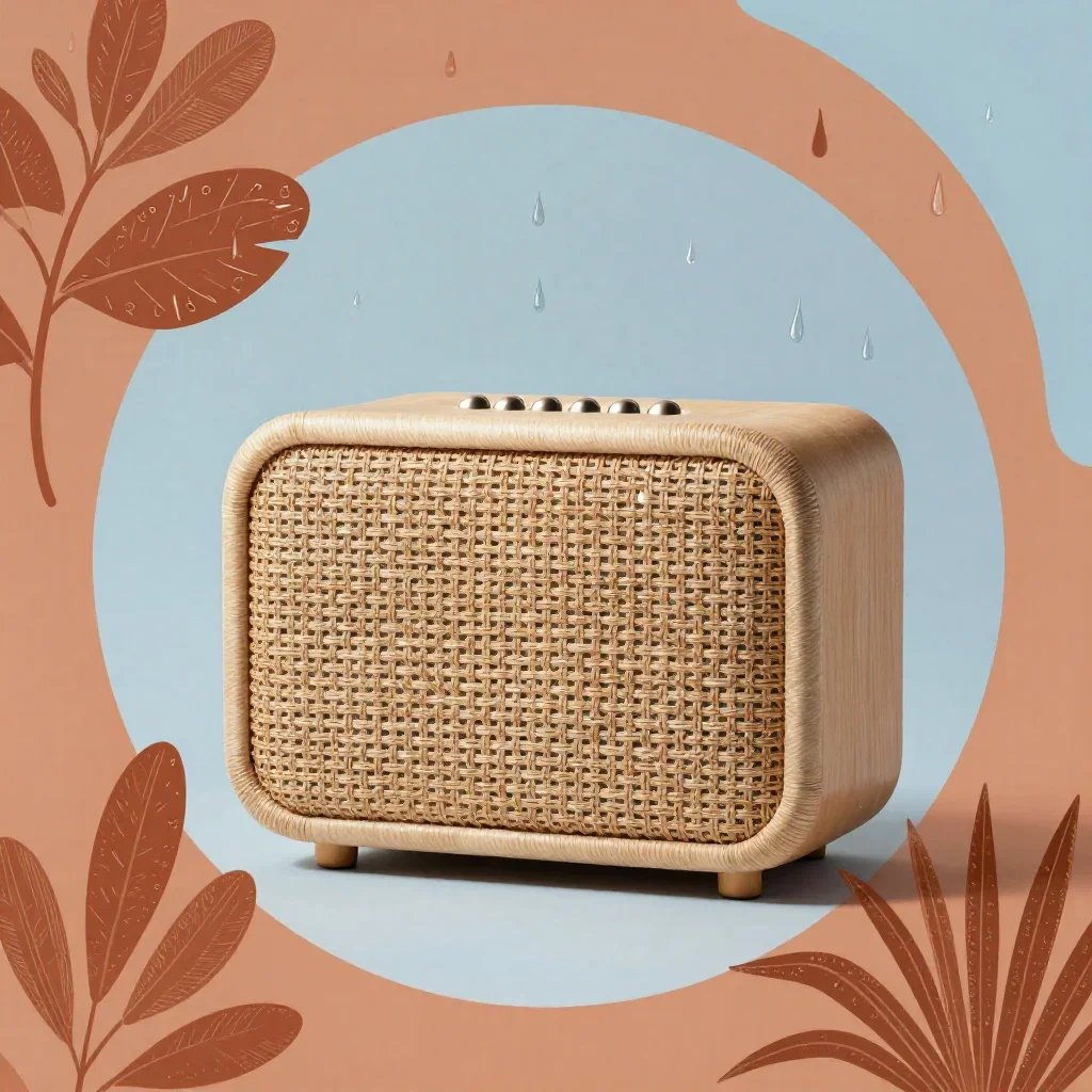 a woven fiber acoustic speaker after warm summer rain, contemporary botanical illustration, layered foreground framing, 