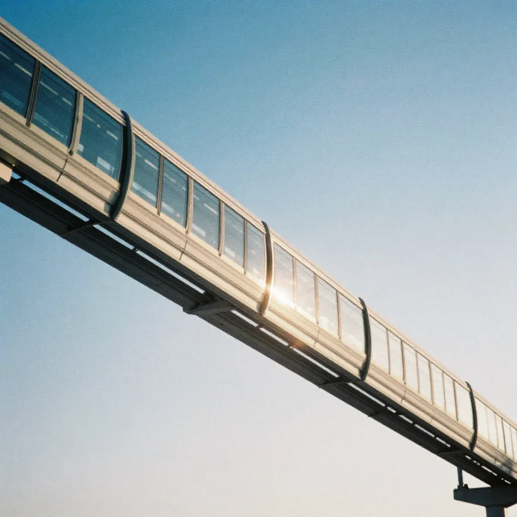 a glass monorail in crisp winter sunlight, soft-grain analog film photography, restrained color harmony, indigo and pear