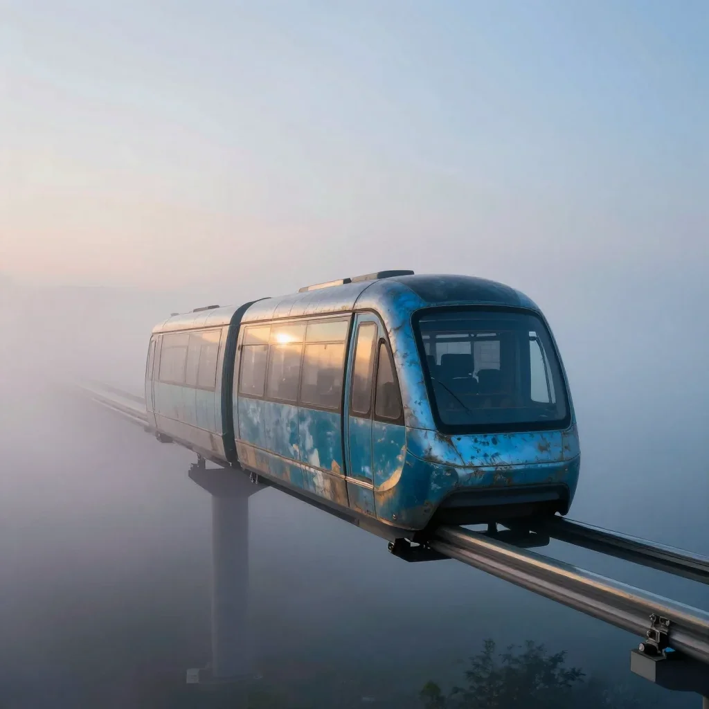 a glass monorail under soft dawn fog, quiet science-fiction concept art, weathered tactile surfaces, cobalt and amber pa
