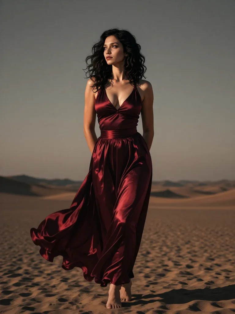 a dancer mid-spin in a silk maxi dress standing tall with hands in pockets, in a silent desert at twilight, Vogue-style 