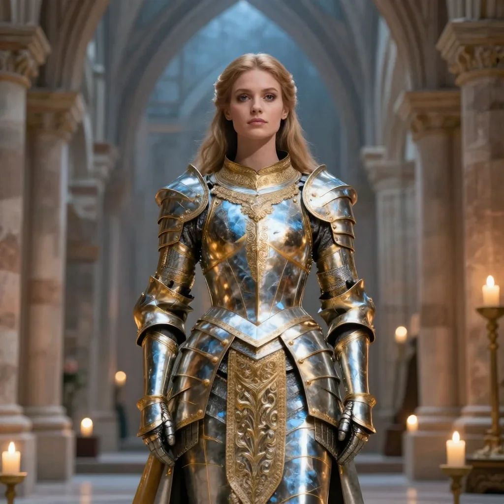 a warrior queen in ornate gilded armor standing tall with hands in pockets, in a candle-lit cathedral ruin, editorial gl