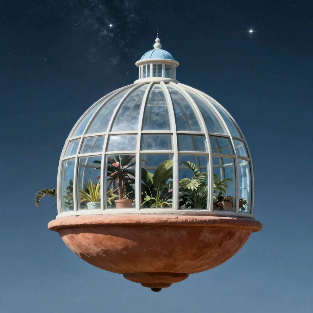 a floating botanical conservatory beneath a star-filled sky, quiet science-fiction concept art, clean natural textures, 
