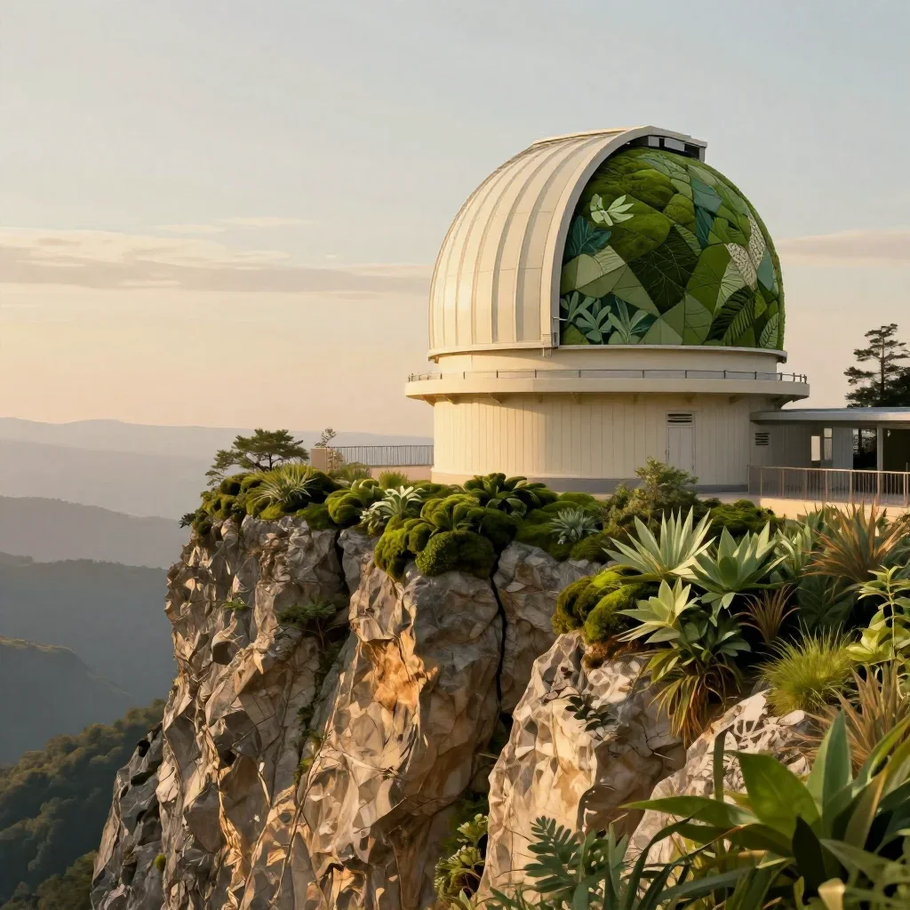 a cliffside observatory during golden hour, contemporary botanical illustration, careful geometric composition, moss gre