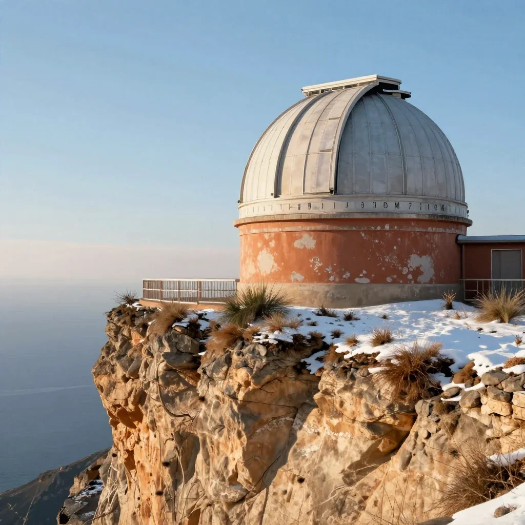 a cliffside observatory in crisp winter sunlight, dreamlike fine-art landscape photography, weathered tactile surfaces, 