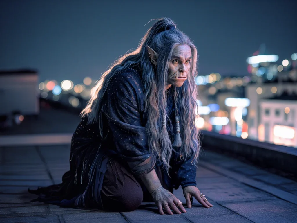 a sorceress in a star-lit midnight cloak in a low lunge with a lifted chin, on a neon-lit rooftop at midnight, moody Fuj