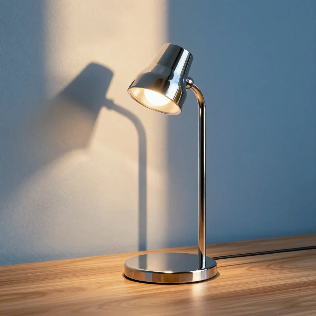 a modular chrome reading lamp during golden hour, high-end design magazine photography, clean natural textures, ice blue and warm cedar palette, family-safe, no text, no logo, no watermark