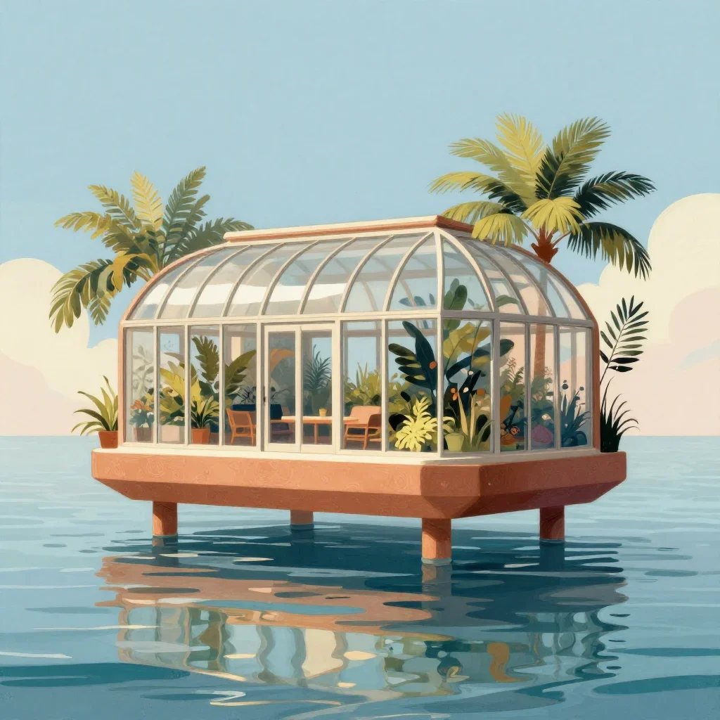a floating botanical conservatory in a gentle sea breeze, modernist poster illustration, gentle reflected light, terracotta and pale sky blue palette, no people, no text, no logo, no watermark