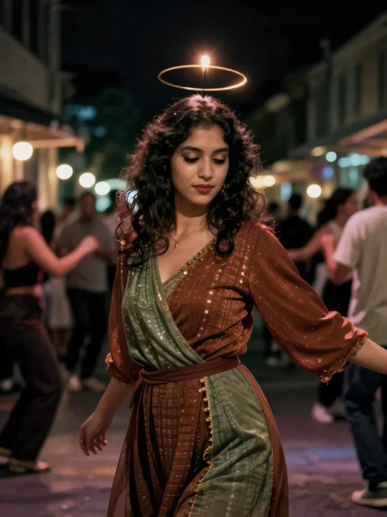 a celestial priestess with haloed candlelight in a coy glance from under lowered lashes, on a midnight dance floor, mood