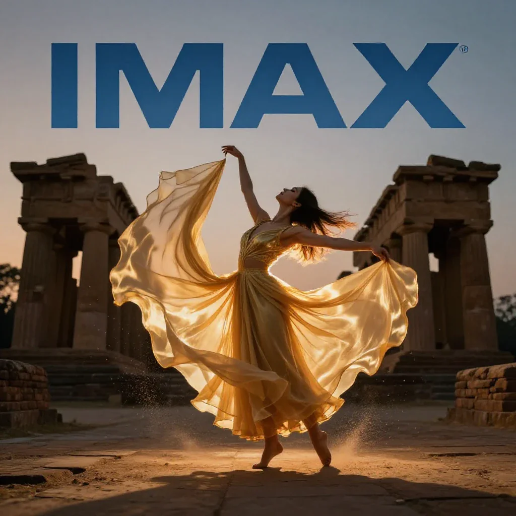 Temple ruins at dusk, dancer mid-spin in translucent gold chiffon, dust motes, IMAX wide