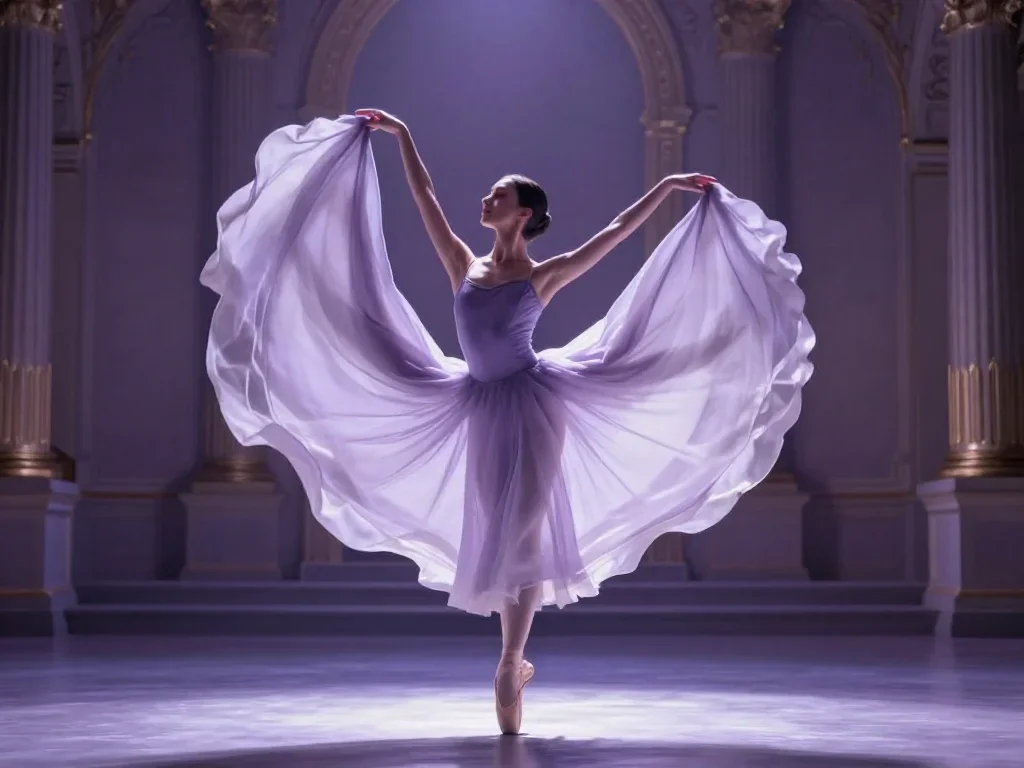 a ballet dancer in a bare-shoulder leotard, mid-extension mid-turn with fabric catching the light, in a moonlit palace c
