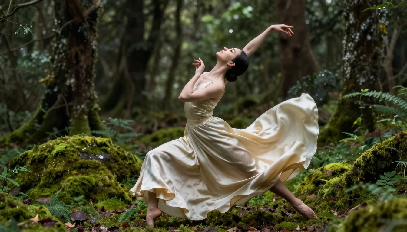 a dancer mid-spin in a silk maxi dress in a low lunge with a lifted chin, in a dewy forest clearing, National Geographic