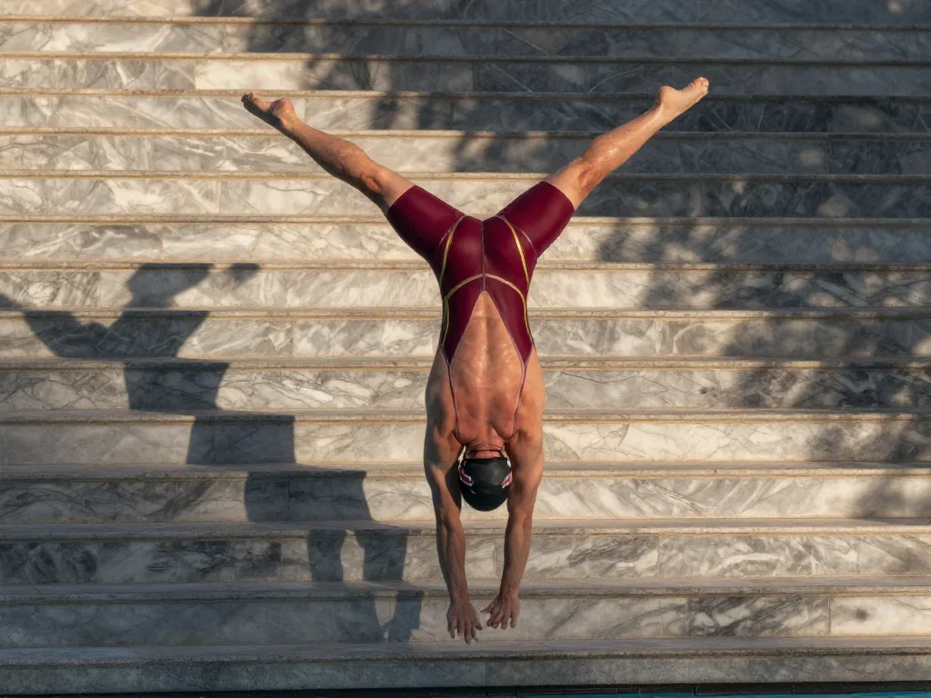 a swimmer before the plunge in a racing suit in a bold, open-armed welcome, on a marble staircase at dawn, National Geog