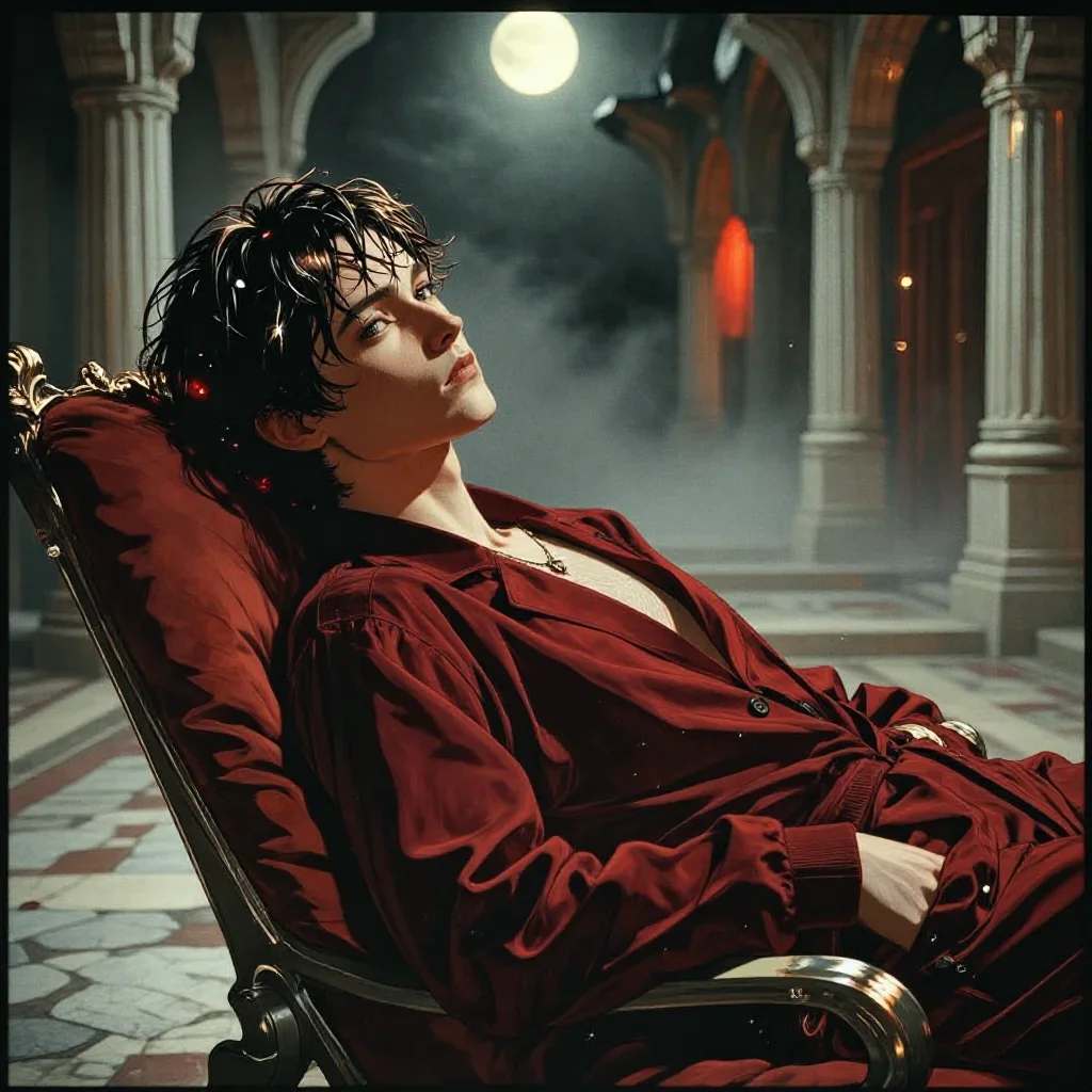 a streetwear influencer with wet-look hair reclining elegantly on a chaise, in a moonlit palace courtyard, Wong Kar-wai 