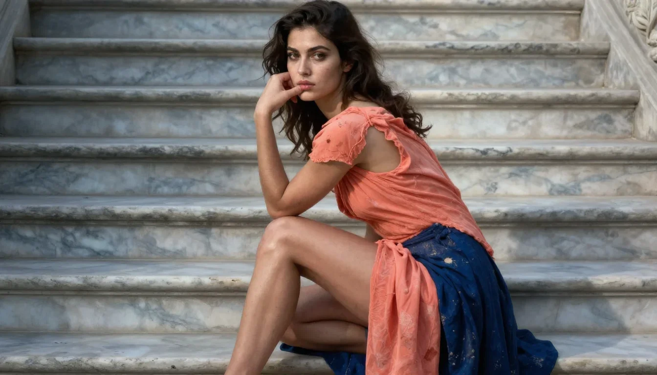 a striking woman with a smoldering over-the-shoulder gaze in a low lunge with a lifted chin, on a marble staircase at da