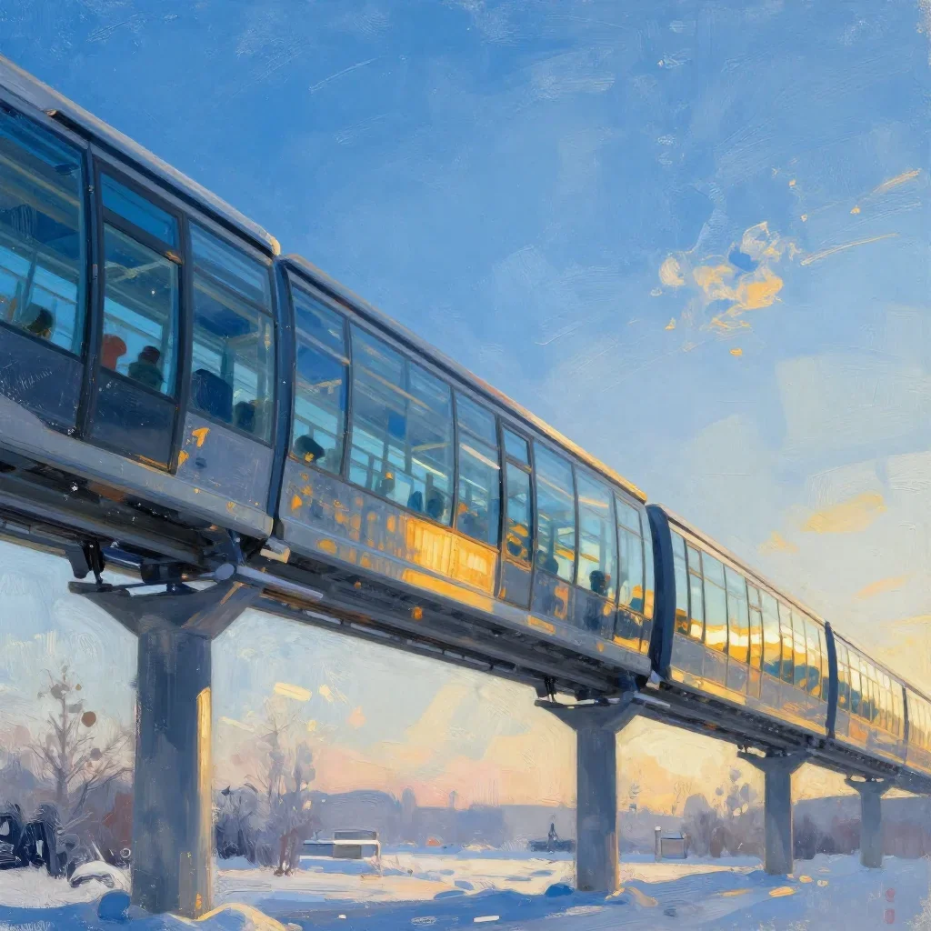a glass monorail in crisp winter sunlight, modernist poster illustration, weathered tactile surfaces, cobalt and amber p