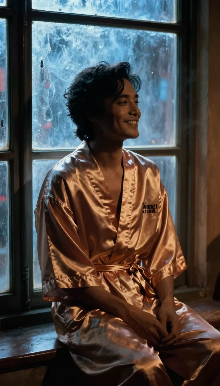 a smiley lounge singer in a satin robe in a seated silhouette against a window, in a smoke-lit photo studio, Wong Kar-wa