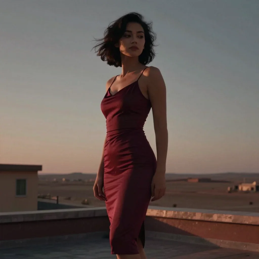 a muse on a rooftop at dusk in a body-con dress mid-turn with fabric catching the light, in a silent desert at twilight,