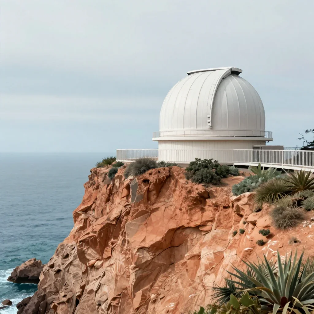 a cliffside observatory under overcast coastal light, contemporary botanical illustration, soft volumetric light, terrac