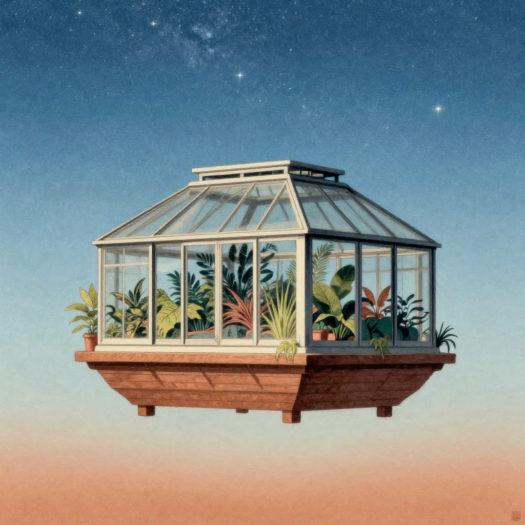 a floating botanical conservatory beneath a star-filled sky, Japanese woodblock-inspired editorial art, calm negative sp