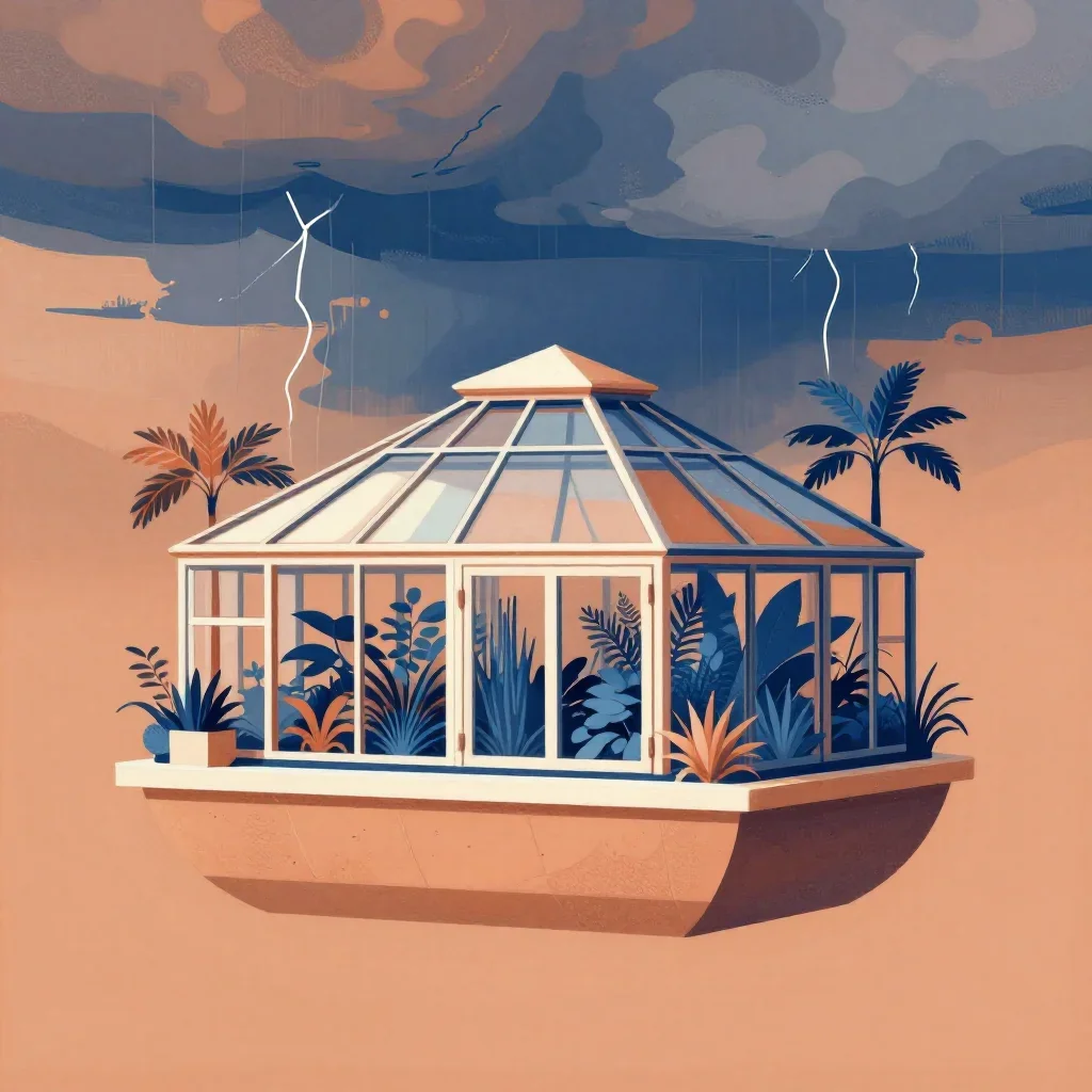 a floating botanical conservatory after a distant thunderstorm, contemporary botanical illustration, careful geometric c