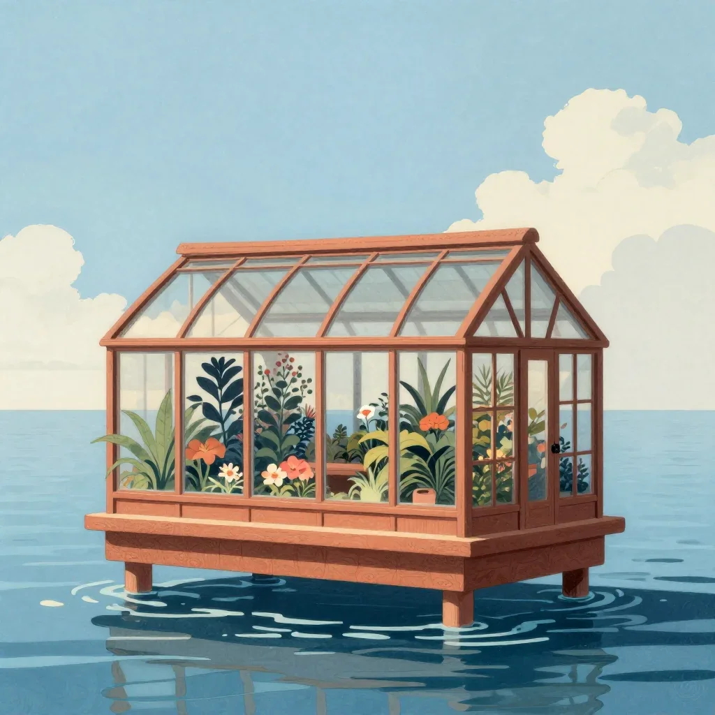 a floating botanical conservatory in a gentle sea breeze, Japanese woodblock-inspired editorial art, restrained color ha