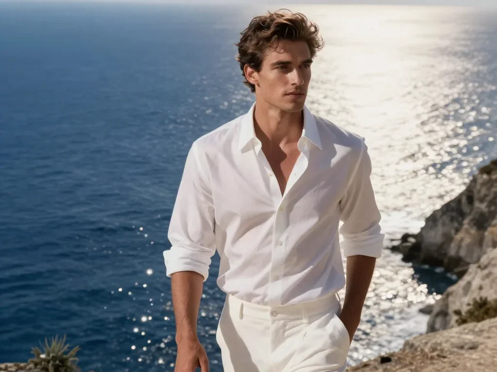 a handsome man in a rolled-sleeve white shirt in a confident cinematic stride, on a sun-drenched cliffside, high-fashion