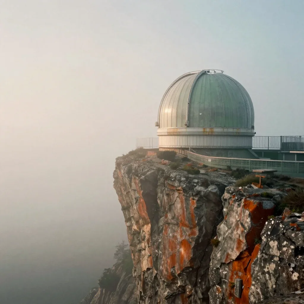 a cliffside observatory under soft dawn fog, dreamlike fine-art landscape photography, subtle film grain, rust and sage 