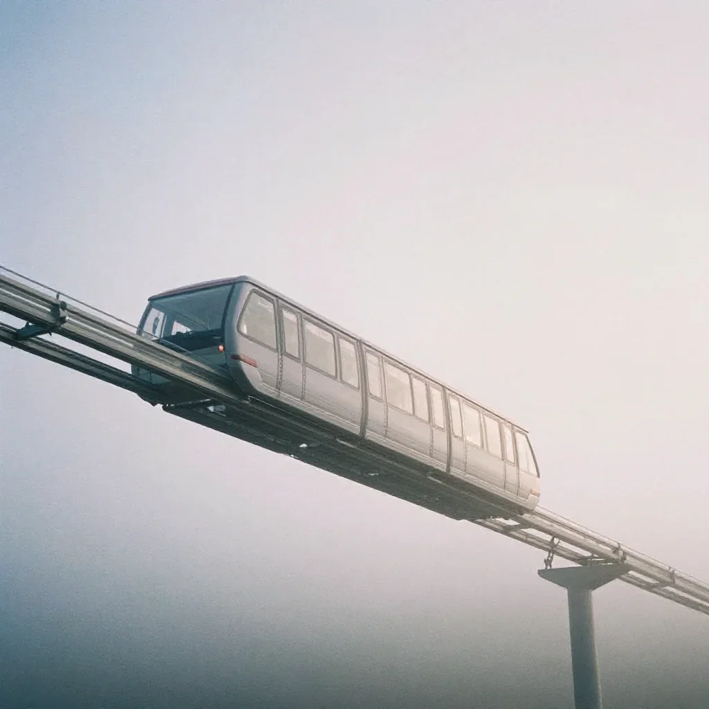 a glass monorail under soft dawn fog, soft-grain analog film photography, clean natural textures, lavender and silver pa