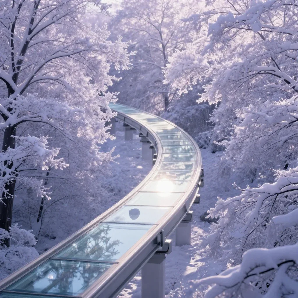 a glass monorail in crisp winter sunlight, dreamlike fine-art landscape photography, soft volumetric light, lavender and