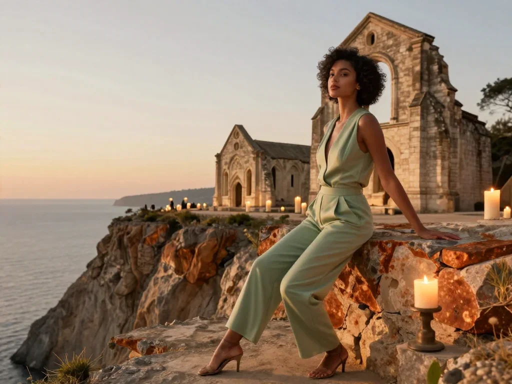 a travel influencer posing on a cliffside at golden hour in a gentle reach toward the lens, in a candle-lit cathedral ru