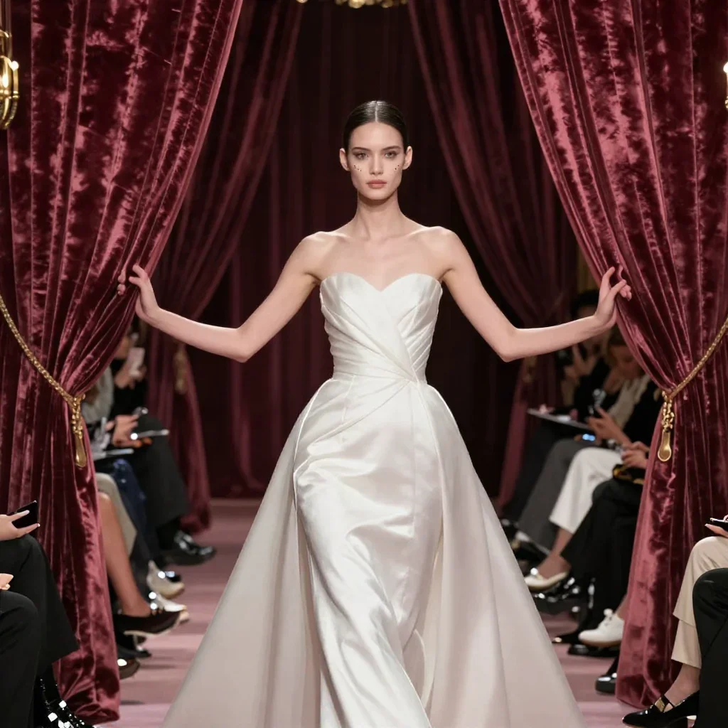 a couture catwalk muse with razor cheekbones in a bold, open-armed welcome, in a velvet-curtained boudoir, editorial gla