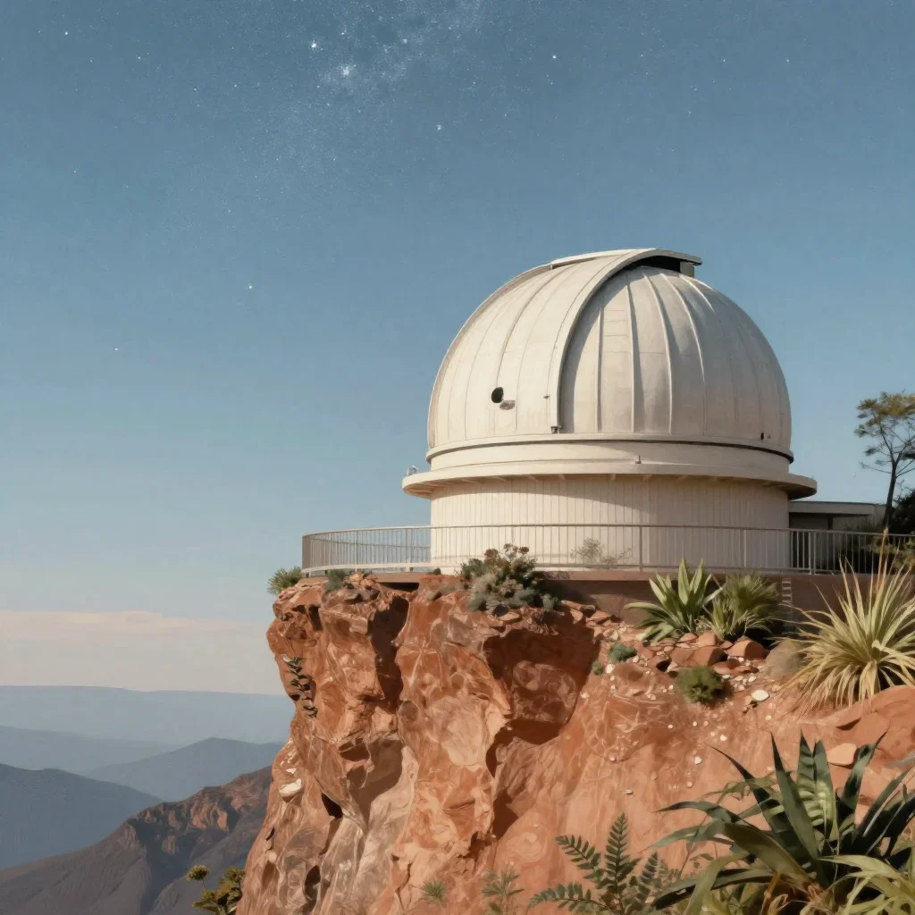 a cliffside observatory beneath a star-filled sky, contemporary botanical illustration, atmospheric depth, terracotta an