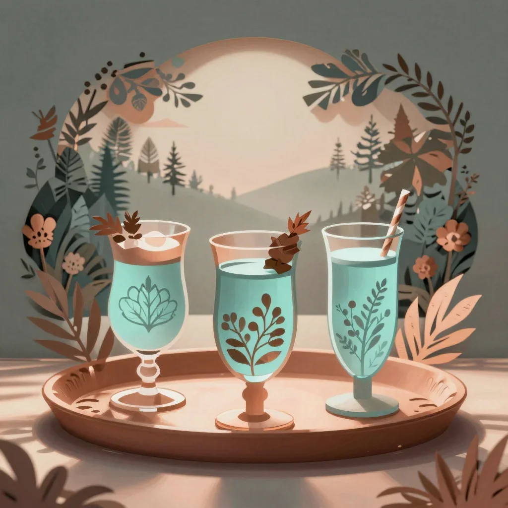 a tray of jewel-toned botanical drinks in quiet late-afternoon haze, intricate paper-cut illustration, restrained color 