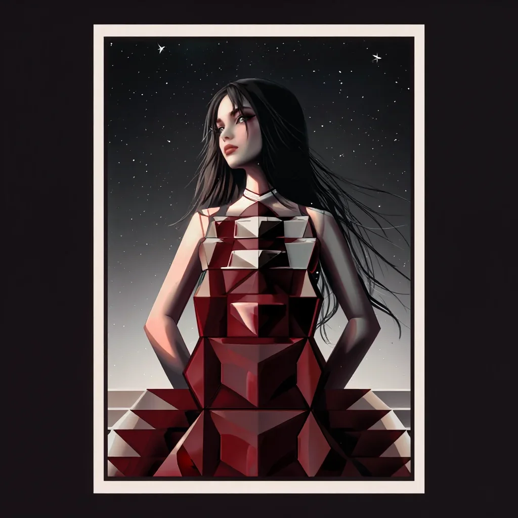 a geometric dark chocolate assortment beneath a star-filled sky, modernist poster illustration, careful geometric compos