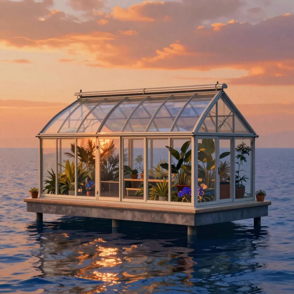 a floating botanical conservatory in a gentle sea breeze, museum-quality still-life photography, gentle reflected light,
