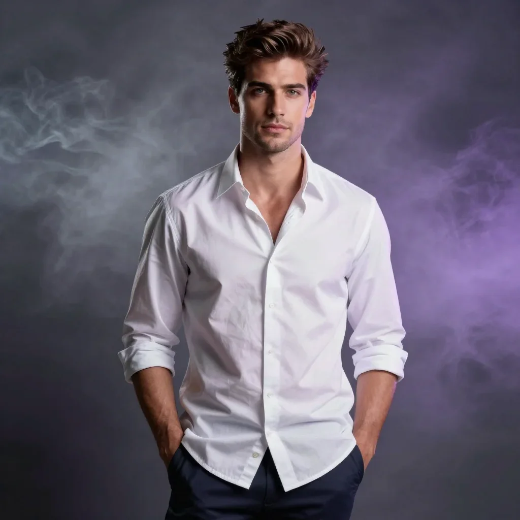 a handsome man in a rolled-sleeve white shirt standing tall with hands in pockets, in a smoke-lit photo studio, National