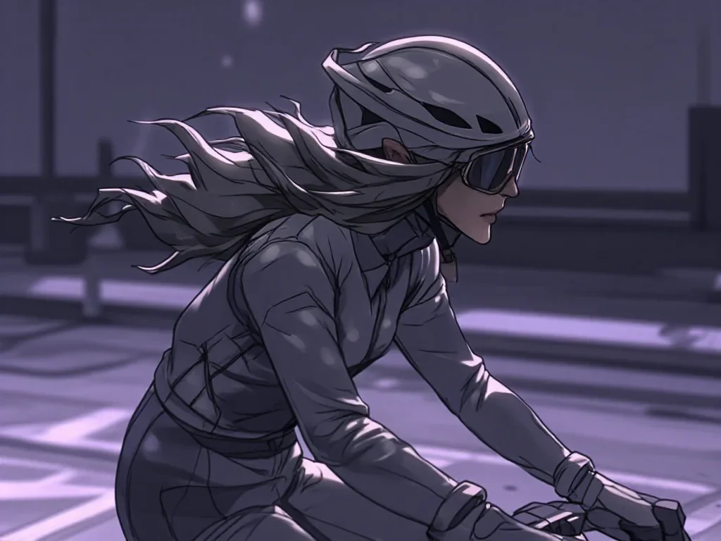 a rider removing a helmet, flushed and windblown in a low lunge with a lifted chin, on a neon-lit rooftop at midnight, m