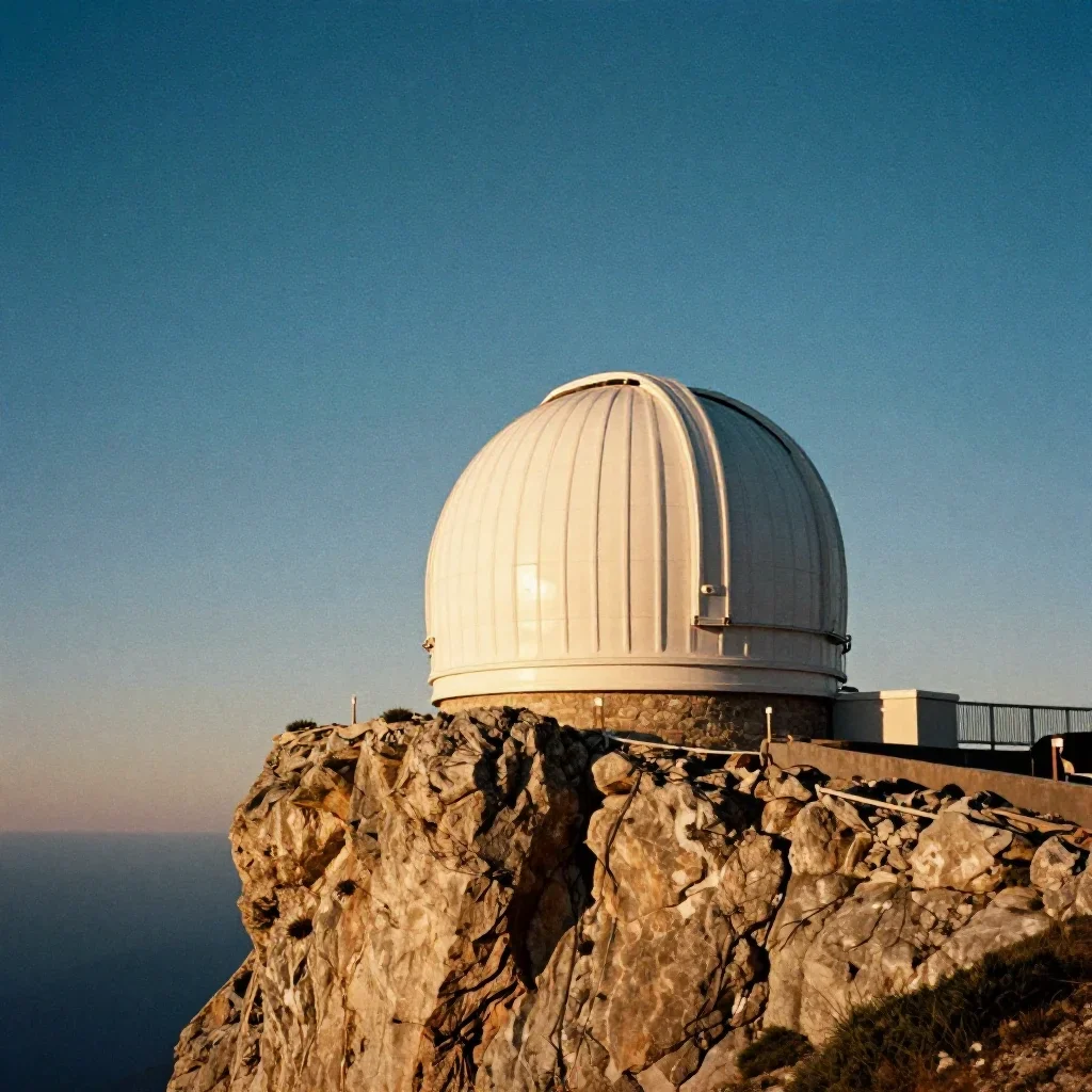 a cliffside observatory beneath a star-filled sky, soft-grain analog film photography, clean natural textures, cobalt and amber palette, no people, no text, no logo, no watermark