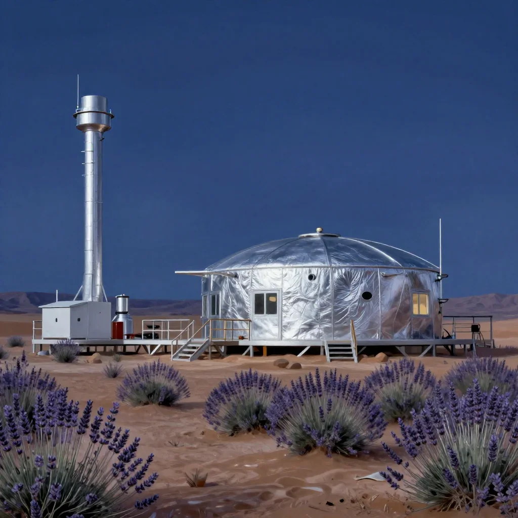 a desert research station at blue hour, contemporary botanical illustration, atmospheric depth, lavender and silver pale