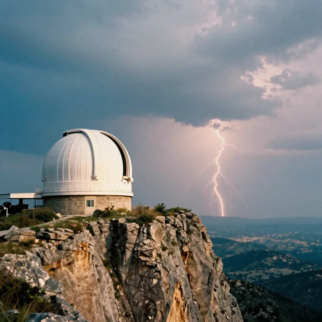 a cliffside observatory after a distant thunderstorm, soft-grain analog film photography, soft volumetric light, cobalt 